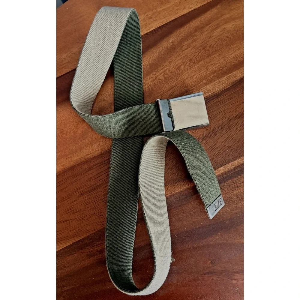Nike Reversible Web Belt Khaki Olive Green Silver Swoosh Buckle‎ Canvas Tech 37
